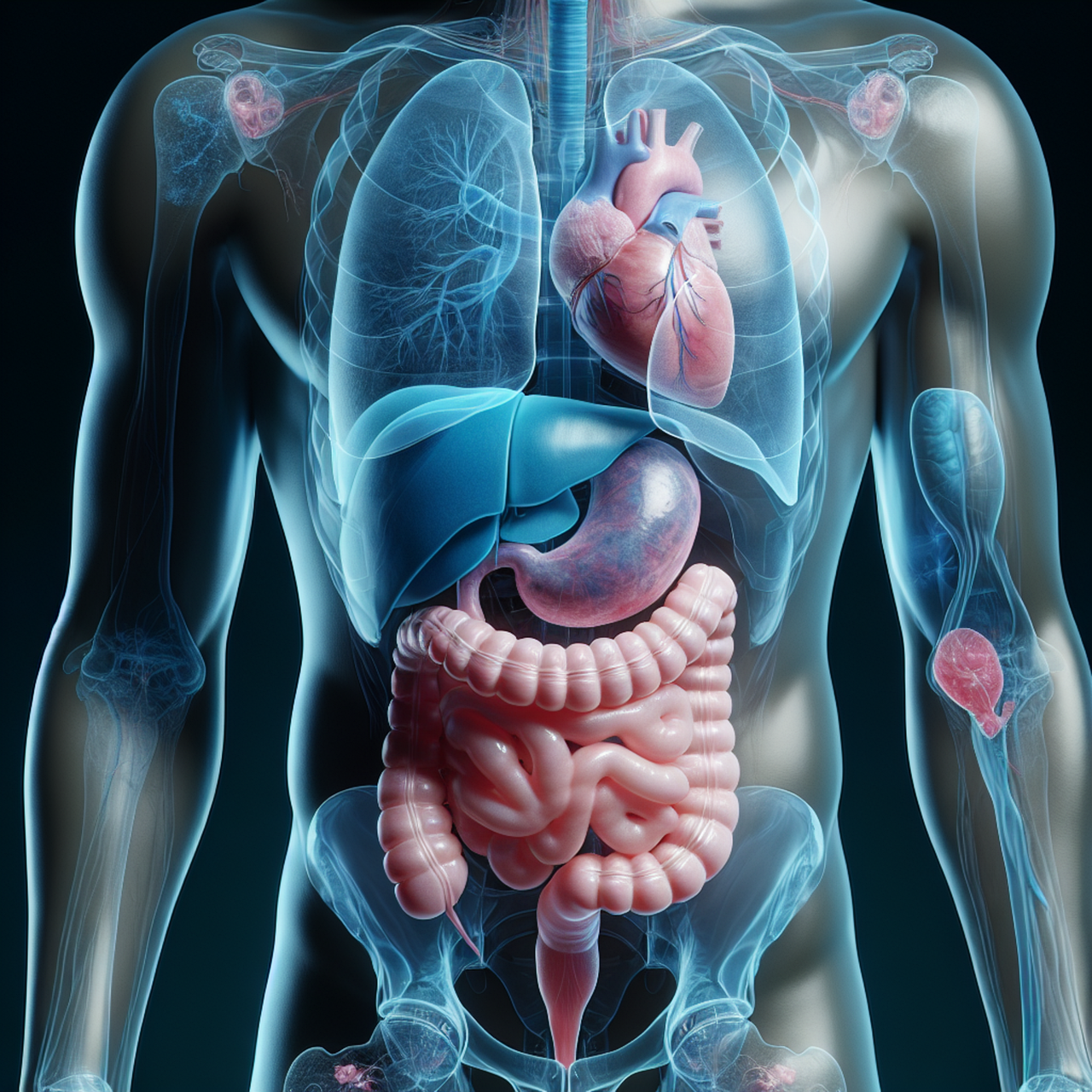 Illustration of the human digestive system highlighting the stomach and intestines to explain how digestion and acid reflux work in the body